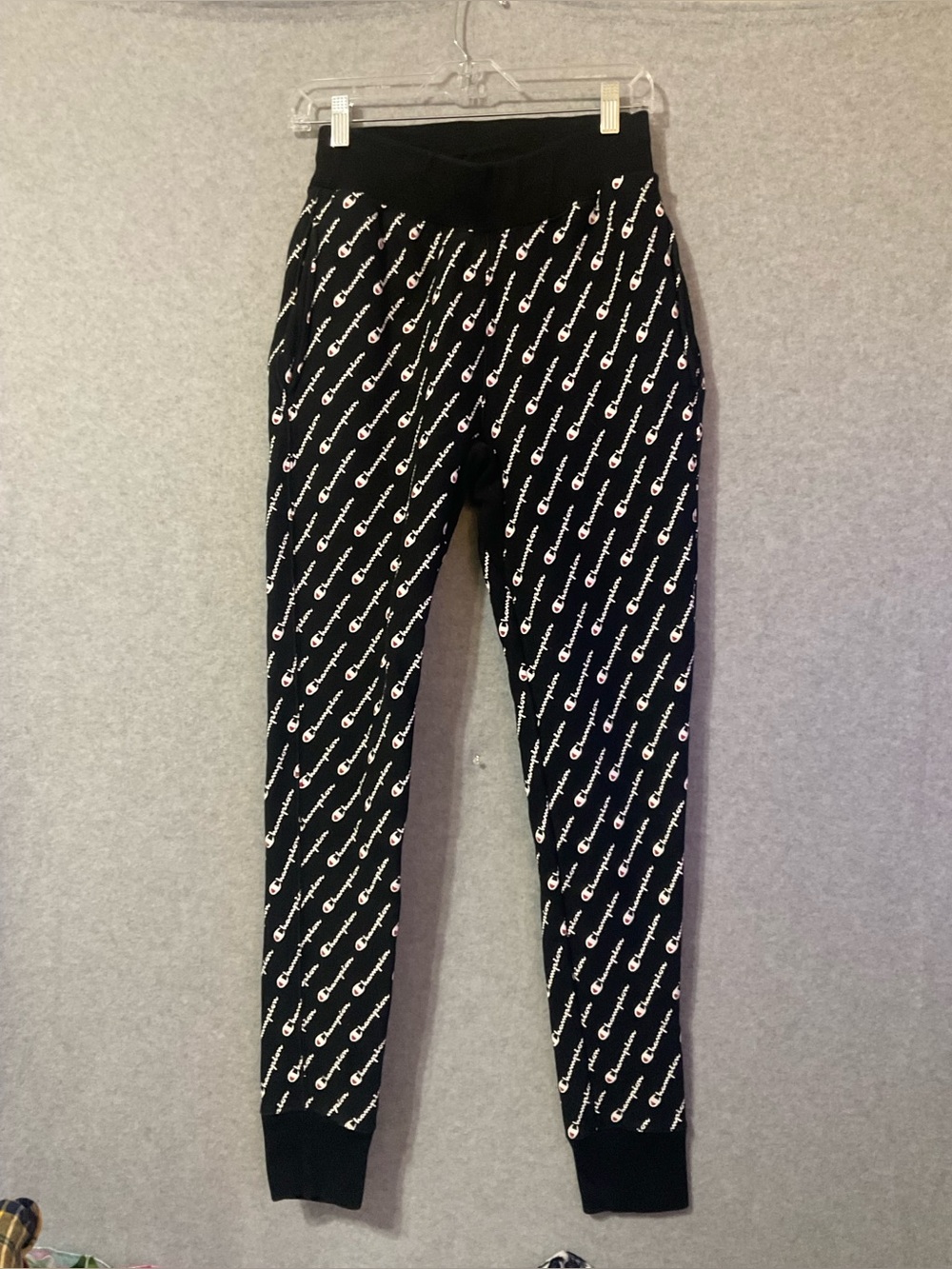 Champion all over logo print Black Jogger Bottoms Sz S